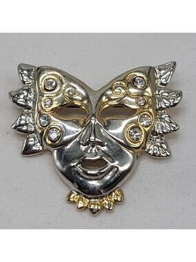 Vintage Gold & Silver Tone Venetian Mask Brooch With Rhinestones 1.5"
